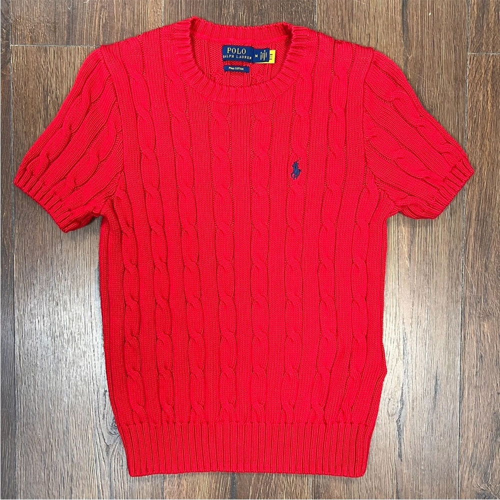 Polo Ralph Lauren Vibrant Red Short Sleeve‎ Cable Knit Sweater SZ MED